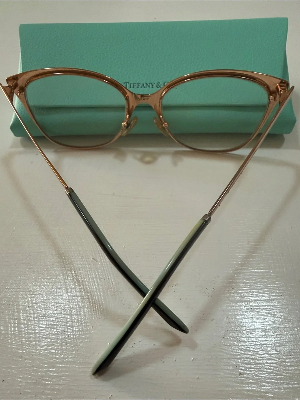 Tiffany & Co Black and Rose Gold Cat-Eye Glasses with Aqua Temples made in Italy